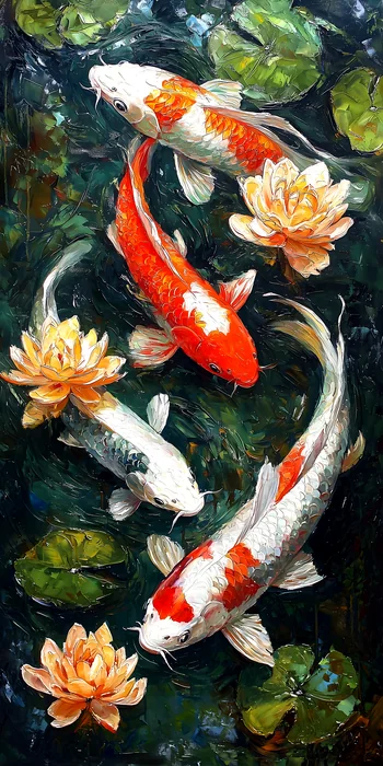 Bức tranh cá Koi trong hồ hoa súng