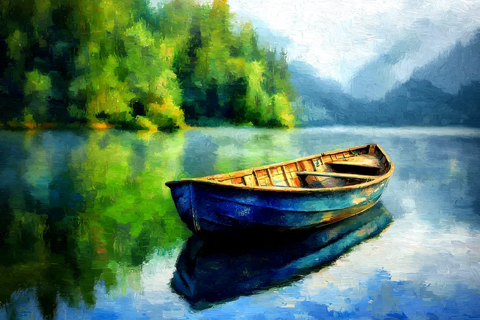 Tranh Thuyền Gỗ Trên Hồ Yên Tĩnh
