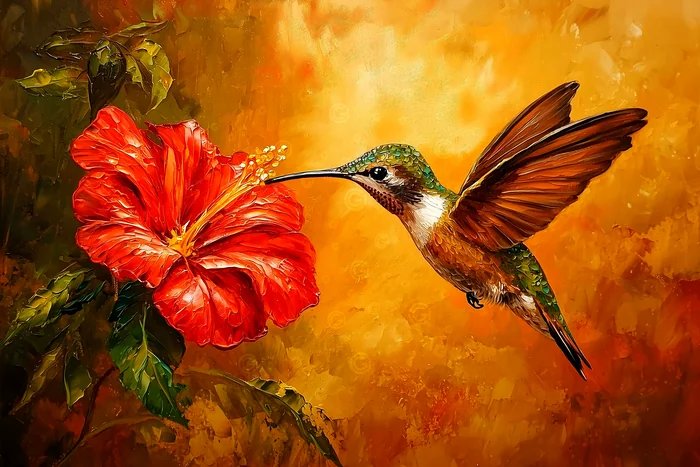Chim ruồi và hoa đỏ rực rỡ
