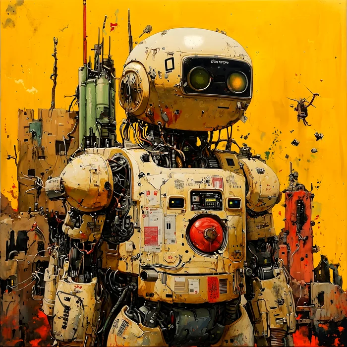 Tranh robot cơ khí trong bối cảnh công nghiệp tương lai