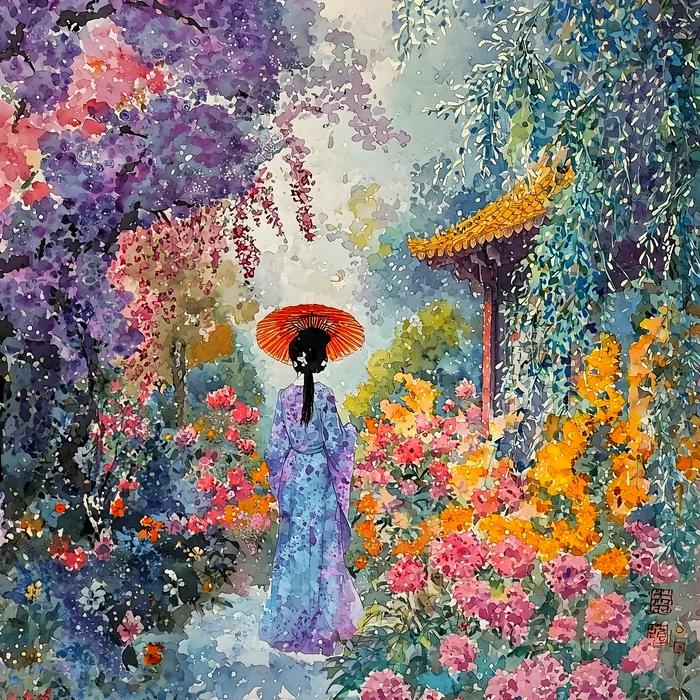 Cô gái với chiếc ô đỏ giữa vườn hoa mùa xuân