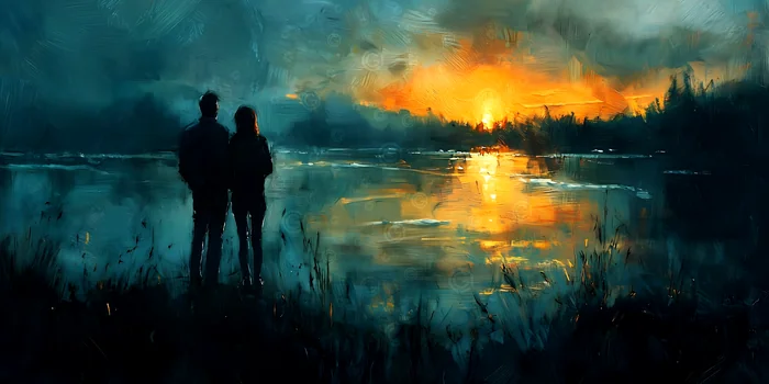 Cặp đôi ngắm hoàng hôn bên hồ yên tĩnh