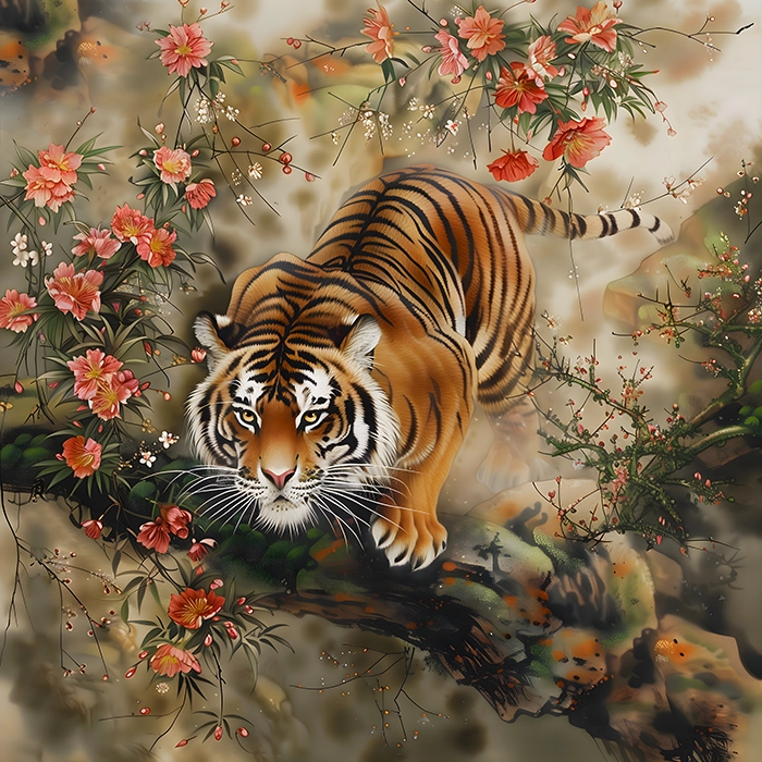Tranh Phong cảnh nhà cổ bên suối và núi đá
