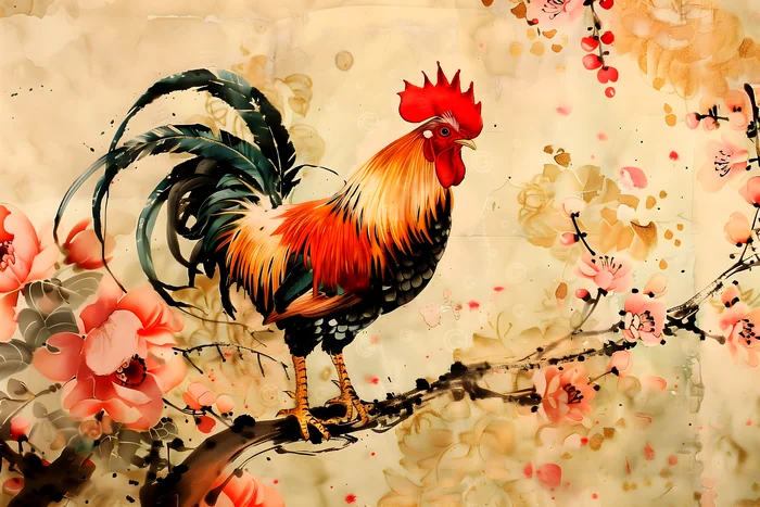Gà trống kiêu hãnh bên cành hoa đào