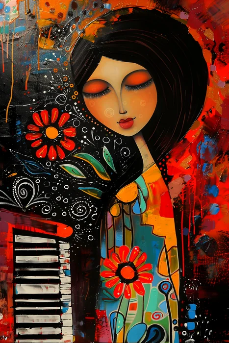 Tranh cô gái và đàn piano