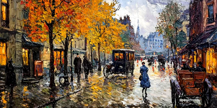 Phố mùa thu với ánh đèn vàng ấm áp