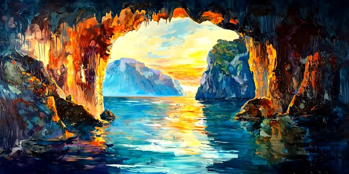 Phong cảnh hang động bên bờ biển bình minh
