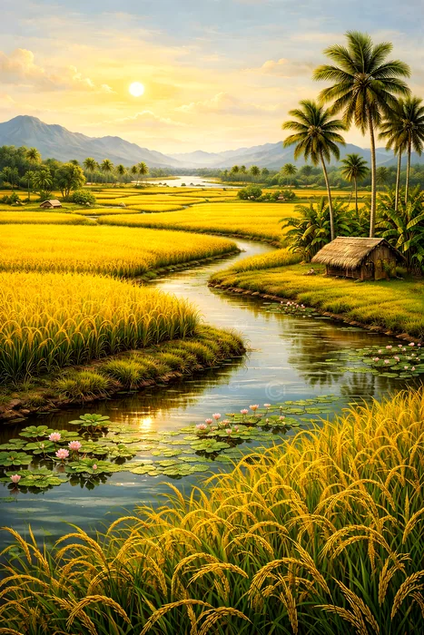 Tranh phong cảnh đồng lúa chín bên dòng sông uốn lượn