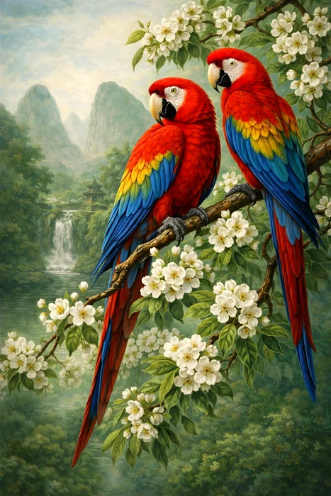 Tranh đôi vẹt đỏ trên cành hoa trắng