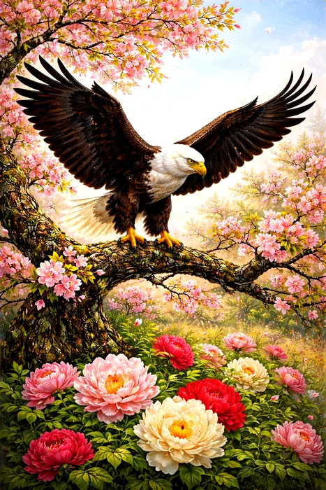 Đại bàng tung cánh trên cành hoa anh đào
