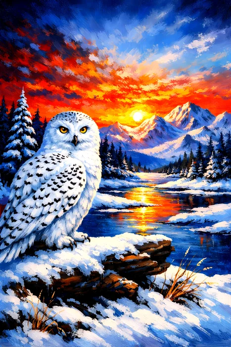 Cú tuyết trắng bên dòng sông mùa đông