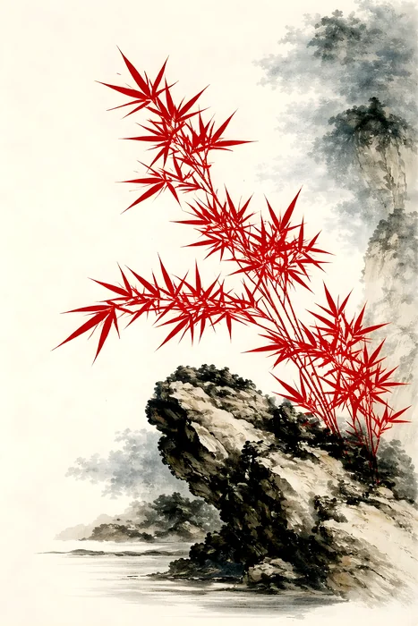 Tranh cây tre đỏ trên đá