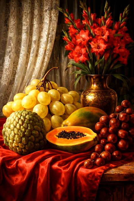 Tranh tĩnh vật với hoa và trái cây