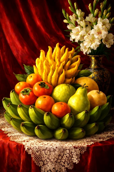 Bình quả tươi với hoa trắng tinh khôi