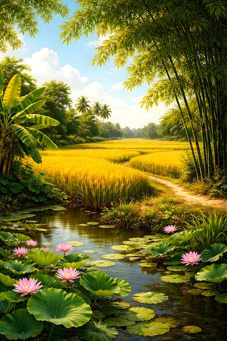 Cánh đồng lúa chín bên hồ sen thơ mộng