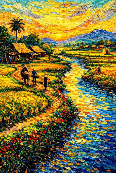 Quê hương yên bình bên dòng sông mùa gặt
