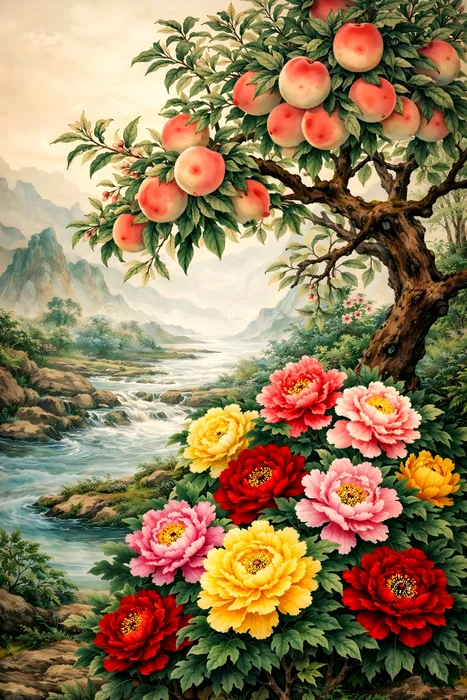 Cảnh tươi đẹp với hoa mẫu đơn và quả đào mùa hạ