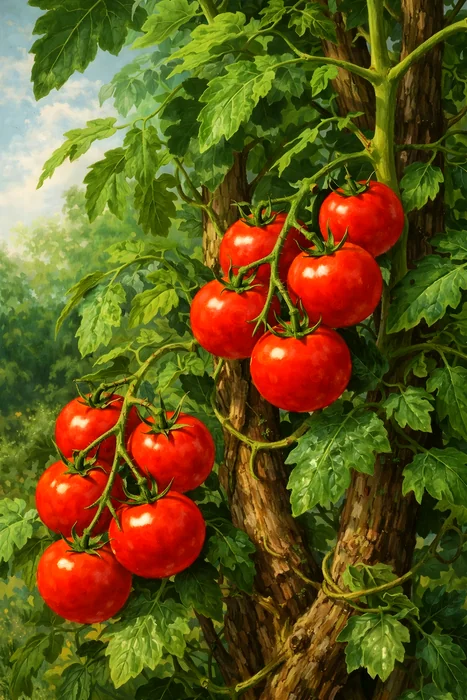 Bức tranh chùm cà chua chín mọng trên cây