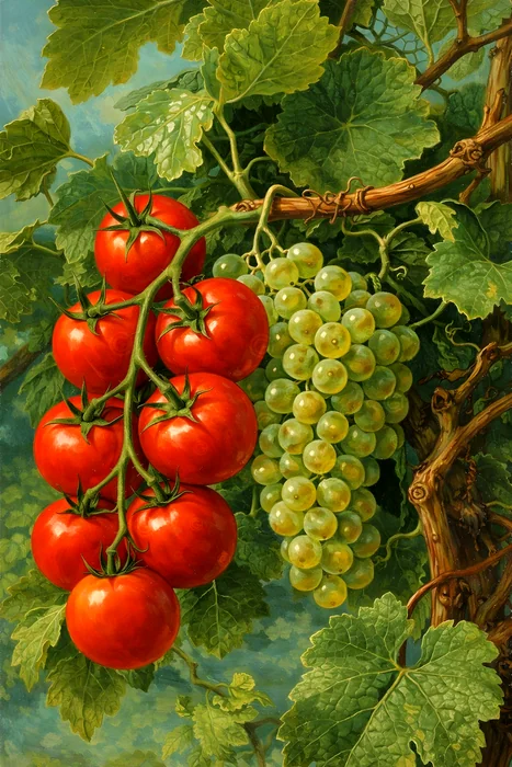Tranh quả cà chua và chùm nho