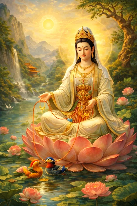 Phật Bà Quan Âm ngự trên đóa sen