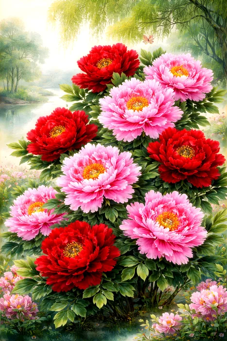 Bình hoa mẫu đơn rực rỡ sắc đỏ hồng