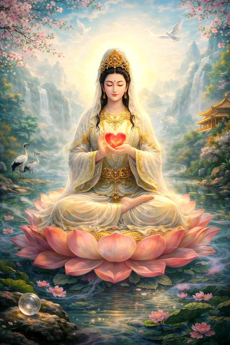 Bồ Tát Quan Âm ngự trên đóa sen hồng