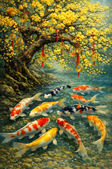 Tranh cá Koi dưới cây hoa mai vàng