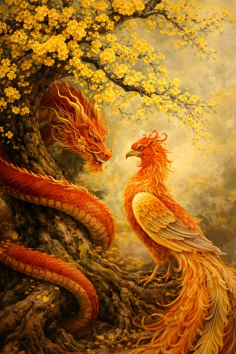 Rồng và Phượng Hoàng Dưới Cây Mai Vàng