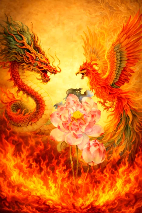 Rồng và Phượng Hoàng vờn lửa bên hoa sen