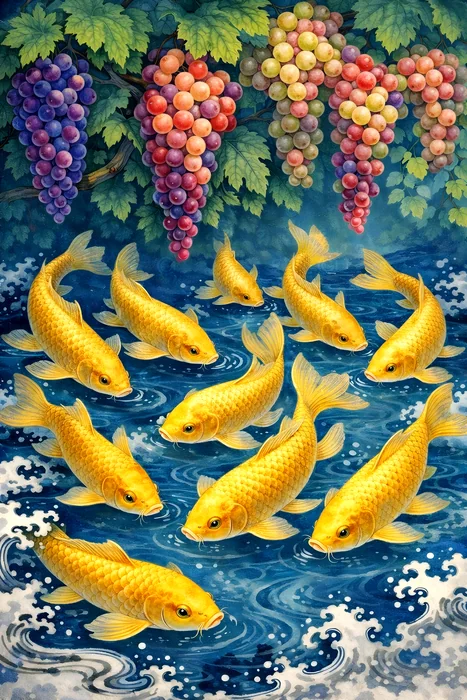 Tranh cá chép vàng và chùm nho nhiều màu