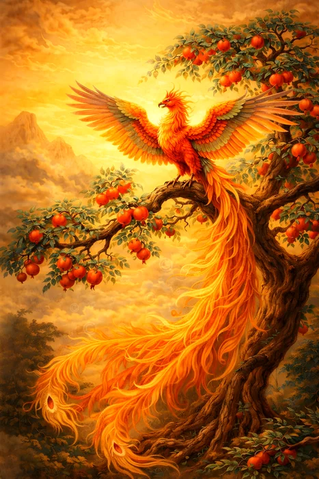 Chim Phượng Hoàng Rực Rỡ Trên Cành Cây Đỏ