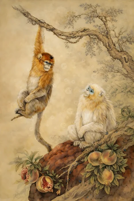 Tranh hai con khỉ và quả lựu
