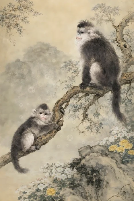 Tranh hai con khỉ trên cành cây