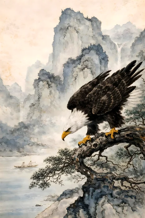 Đại bàng trên cành cây giữa núi non trùng điệp