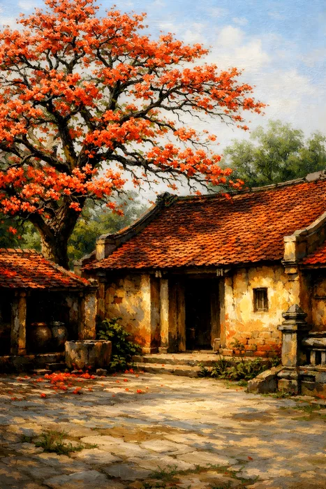 Ngôi nhà tranh bên cây phượng vĩ rực rỡ