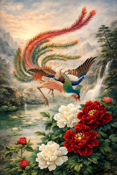 Tranh chim Phượng Hoàng và hoa mẫu đơn