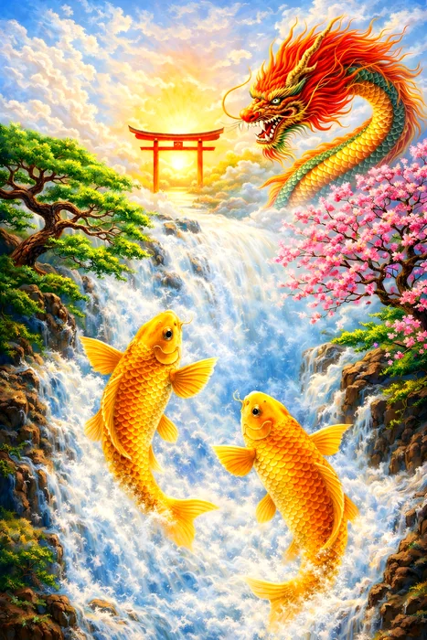 Tranh cá chép hóa rồng trên thác nước