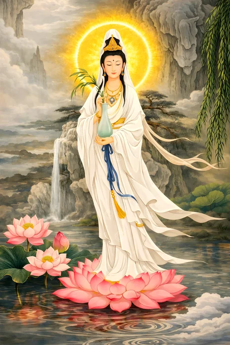 Tranh Phật Bà Quan Âm đứng trên hoa sen