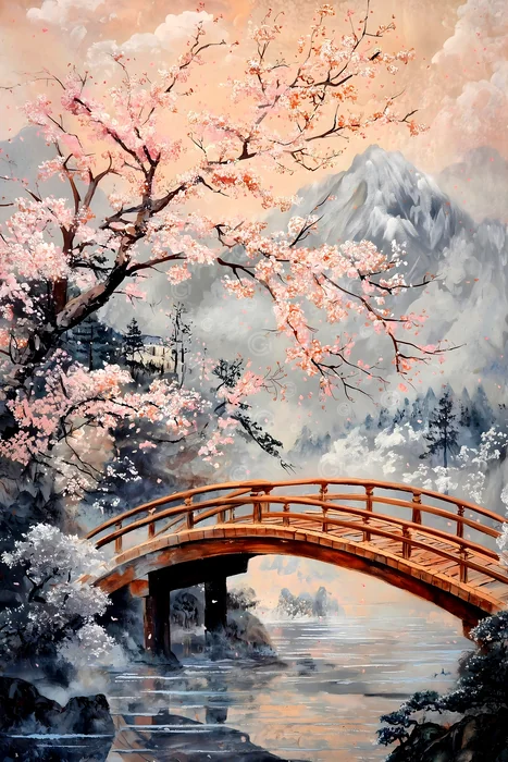 Cầu gỗ dưới hoa anh đào bên núi sương mờ