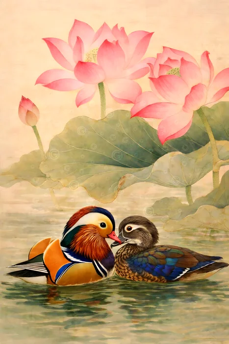 Đôi vịt trời bên hoa sen hồng dịu dàng