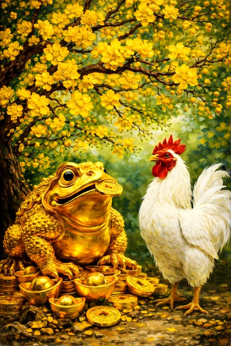 Cóc Vàng Ngậm Đồng Tiền Bên Gà Trắng Dưới Cây Mai
