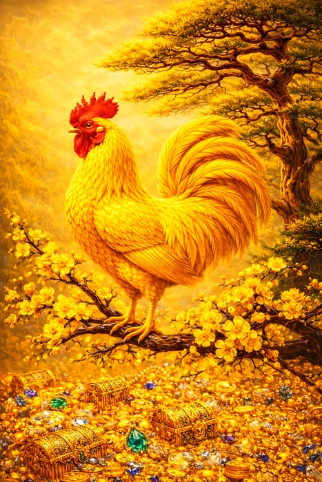 Tranh Gà Trống Vàng Trên Cành Hoa Mai