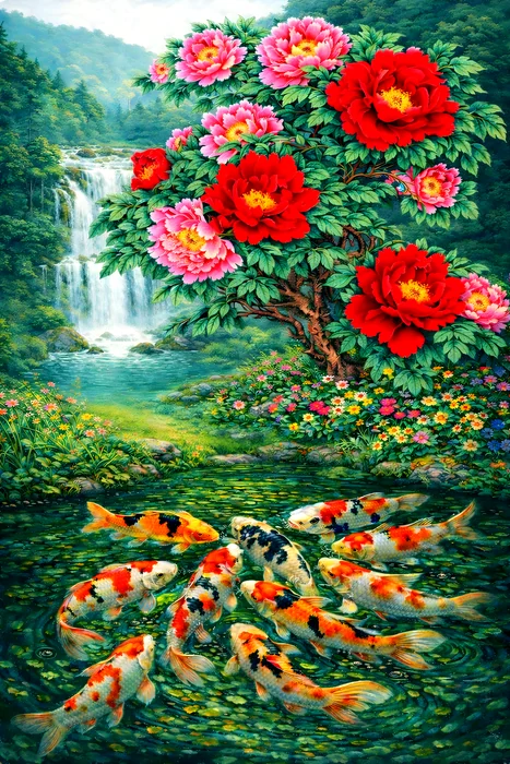 Cảnh Cá Koi Bên Suối Hoa Mẫu Đơn Rực Rỡ