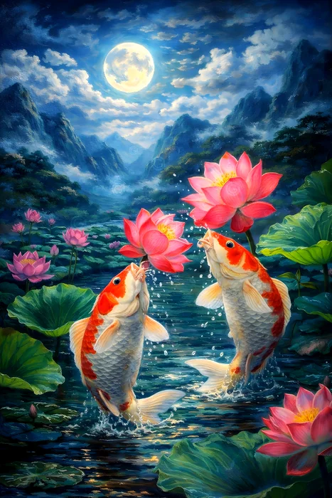Hồ sen dưới trăng với cá koi duyên dáng