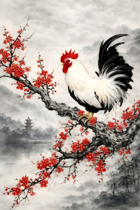 Tranh gà trống trên cành hoa đào