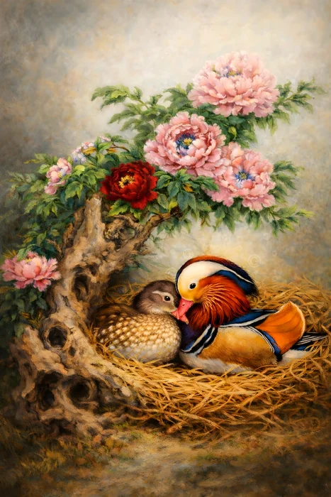 Tranh đôi vịt trong tổ hoa mẫu đơn