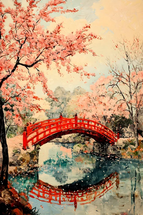 Cầu đỏ dẫn lối trong vườn hoa anh đào