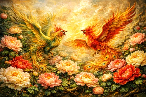 Tranh đôi phượng hoàng và hoa mẫu đơn