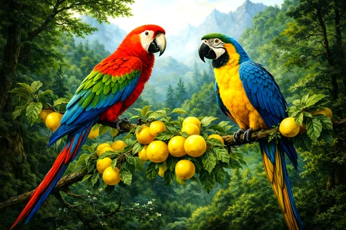 Đôi vẹt rực rỡ trên cành quả vàng