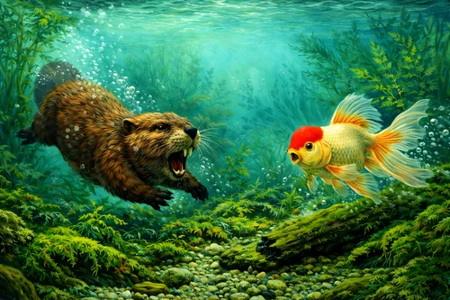 Tranh cảnh rái cá săn cá vàng dưới nước